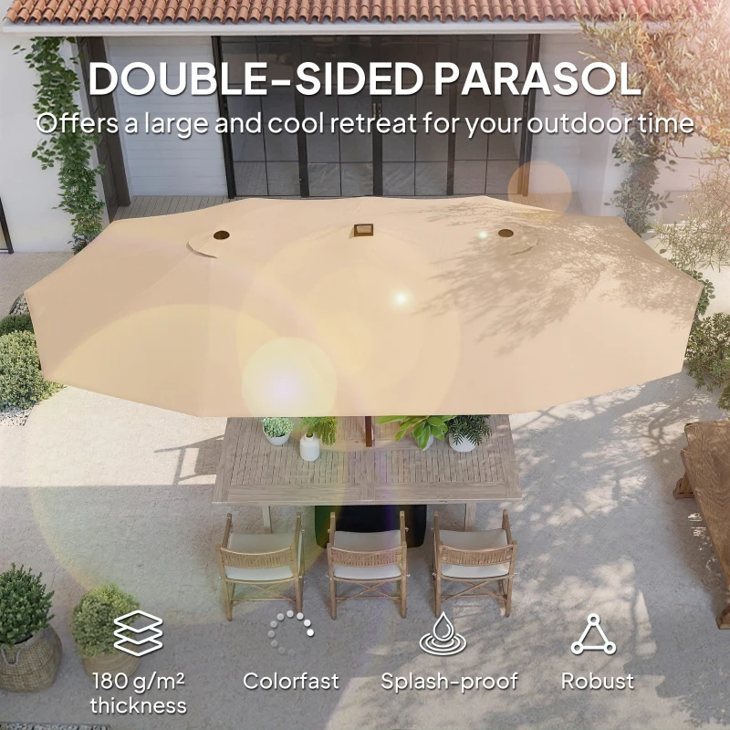 Outsunny Patio Umbrella Double-Sided Outdoor Umbrella with Solar Lights Base, Khaki