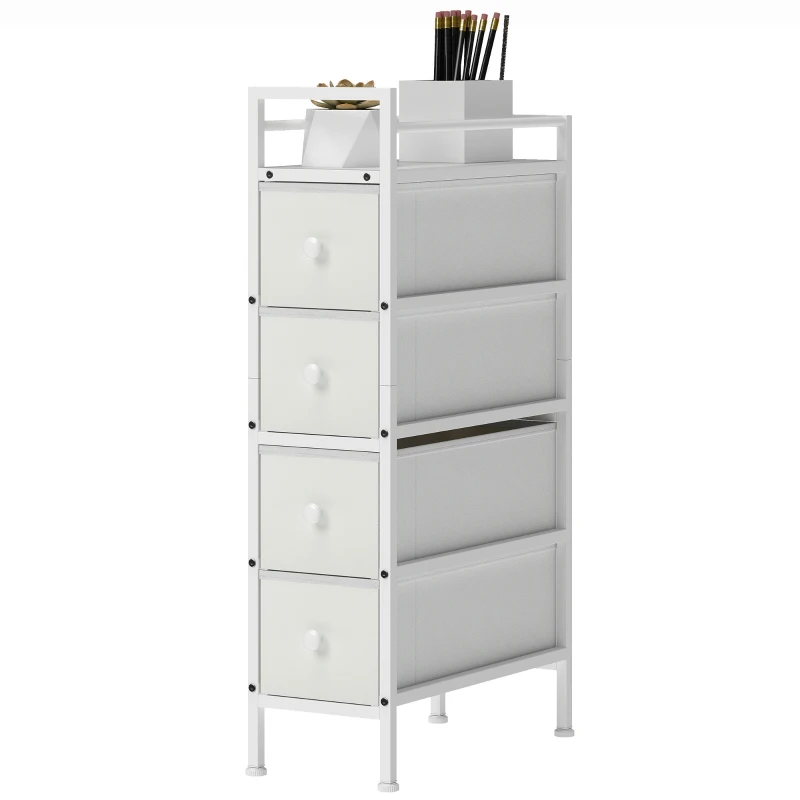 HOMCOM Cassettiera con 4 Cassetti, Cabina Armadio per Camera e Soggiorno, in Tessuto e Telaio in Acciaio, 20x43x81.5 cm, Bianco