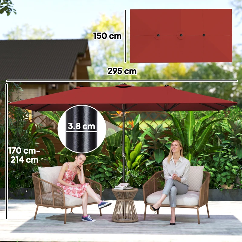 Outsunny Ombrellone doppio inclinabile con altezza regolabile, 150x295x170-214 cm, Bordeaux