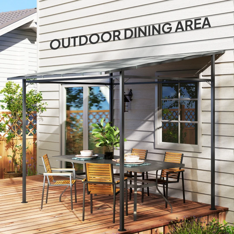 Outsunny 2.4 x 2.4 m Wall Mounted Pergola Gazebo with PA Coating Fabric, Metal Frame, UPF30+, Lean to Garden Gazebo, Light Grey