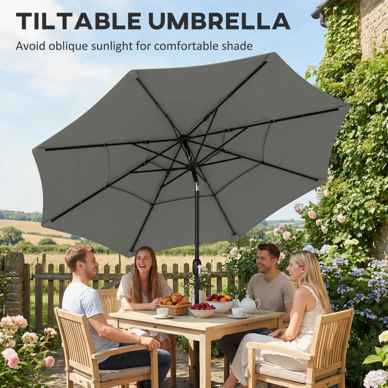Outsunny Garden Parasol, Parasol Umbrella with 3-tier Roof, Crank Handle, Tilt Function, Polyester Canopy, Grey