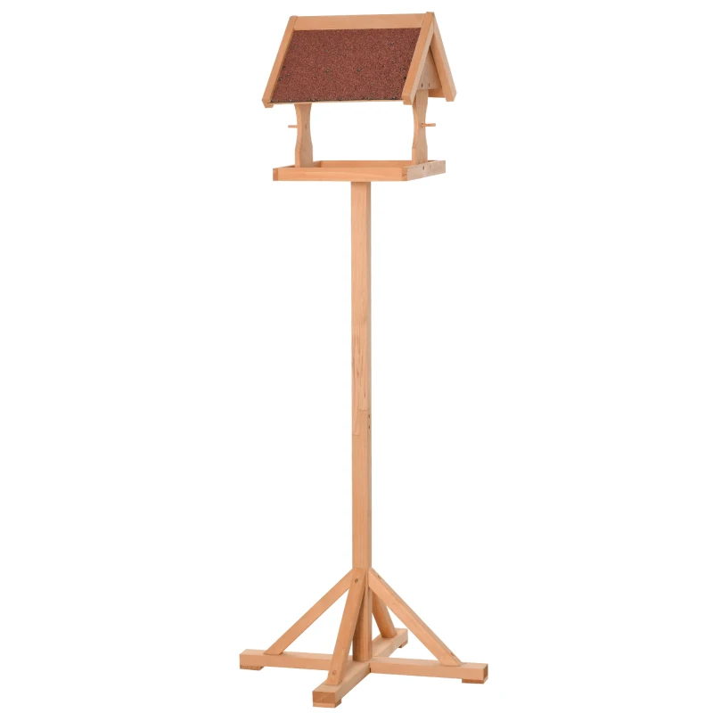 PawHut Hrănitoare pentru păsări exterioară pe picior, acoperiș rezistent la intemperii, lemn masiv, 55 x 55 x 144 cm, lemn natural