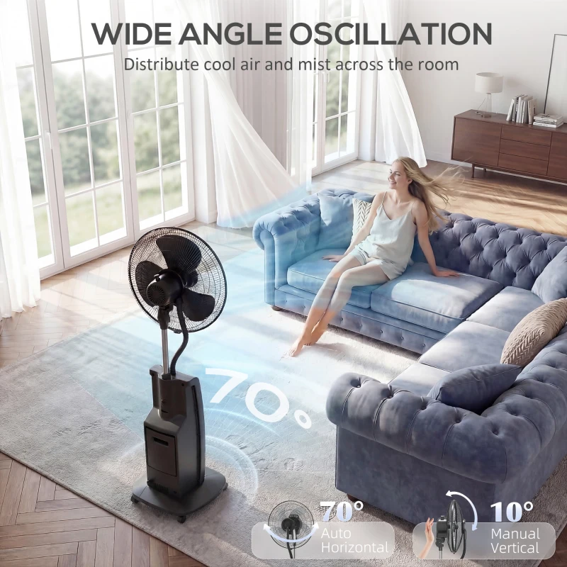 HOMCOM Ventilateur brumisateur 90W, ventilateur sur pied 138cm, 3 vitesses, 3 modes, ionisation négative, antimoustique, noir