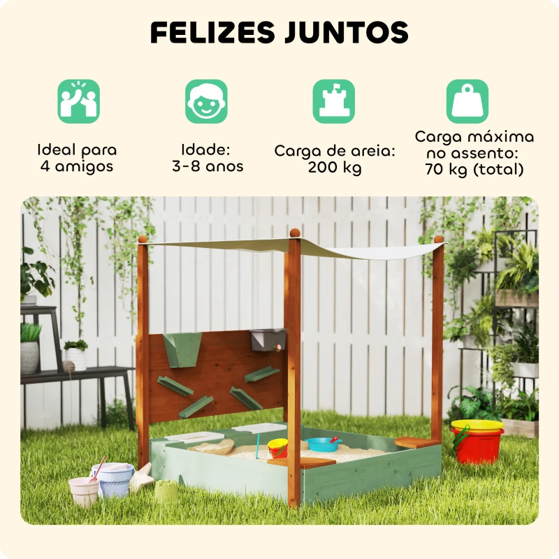 AIYAPLAY Caixa de Areia para Crianças de Madeira com Teto 2 Assentos 2 Caixas Torneira Funil 116x112,5x128 cm Verde