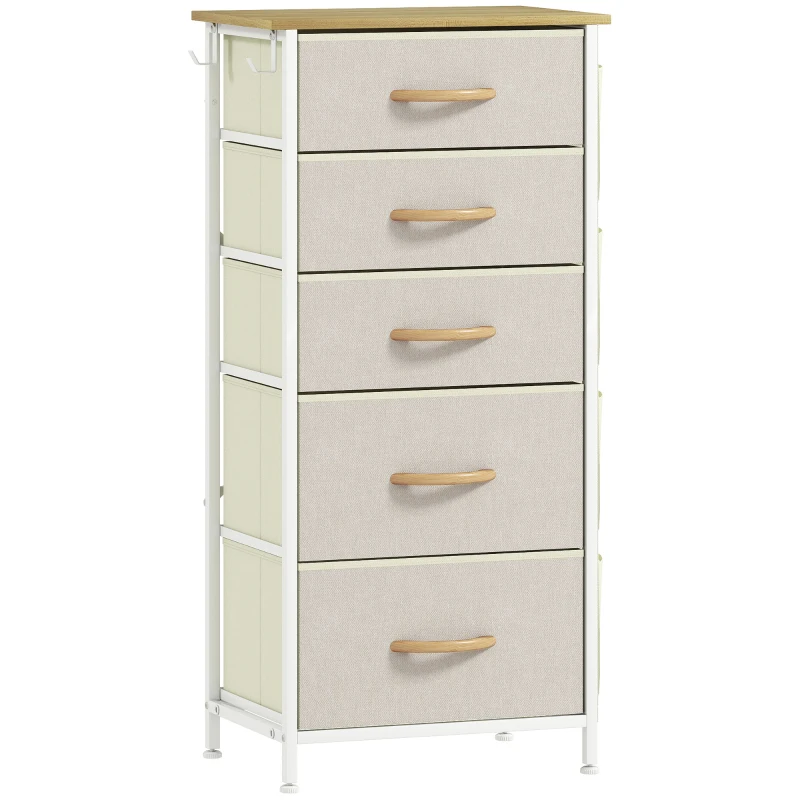 HOMCOM Commode de chambre avec 5 tiroirs en tissu, traverses en acier, surface en bois, 4 poches de rangement, 2 crochets, Beige