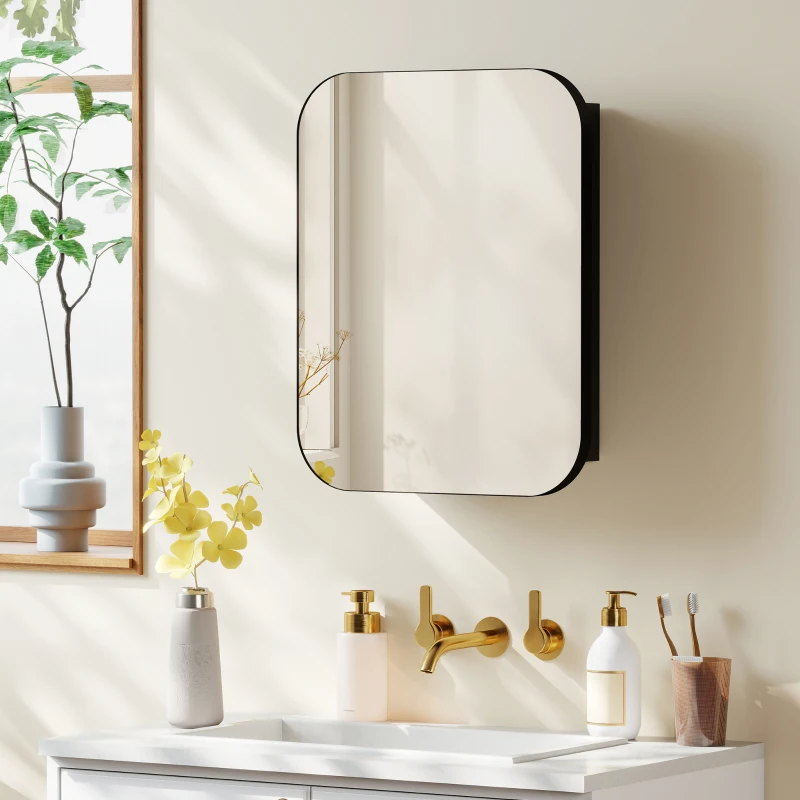 HOMCOM Armoire de Salle de Bain avec Miroir Design aux Bords Arrondis Étagères Réglables 40,2x10,2x50,9 cm Noir