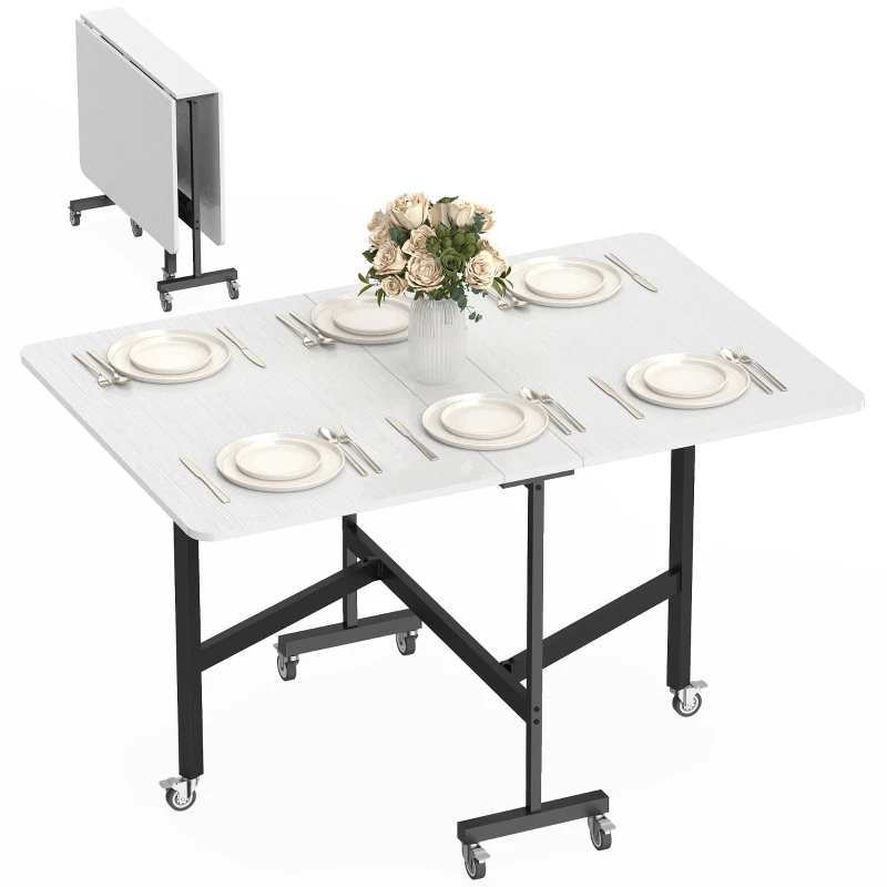 HOMCOM Table pliante mobile avec 6 roulettes et freins, table de cuisine pliante pour petits espaces, Weiß