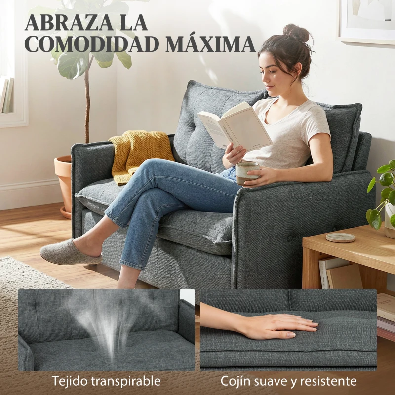 HOMCOM Sofá de 2 Plazas Tapizado en Lino con Acolchado Grueso, Diseño Capitoné para Espacios Pequeños 131x75x85 cm Gris Oscuro