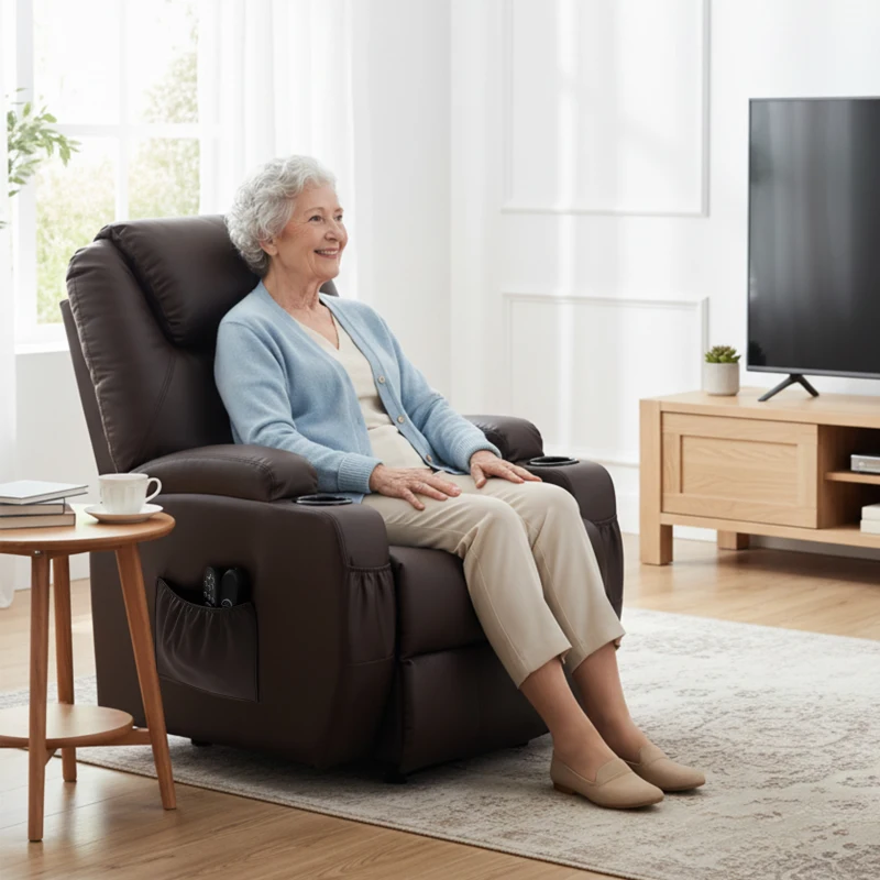 HOMCOM Fotel z funkcją podnoszenia, fotel relaksacyjny z pilotem, uchwytem na napoje, regulowanym oparciem, brązowy