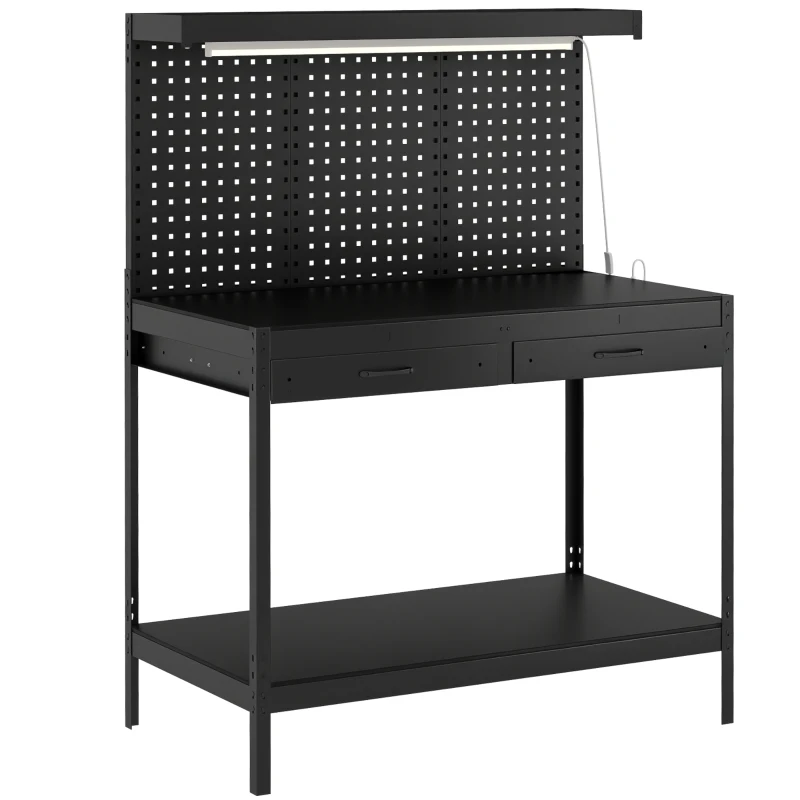 HOMCOM Établi 110 cm avec panneau perforé, établi robuste avec multiprise et éclairage LED, noir