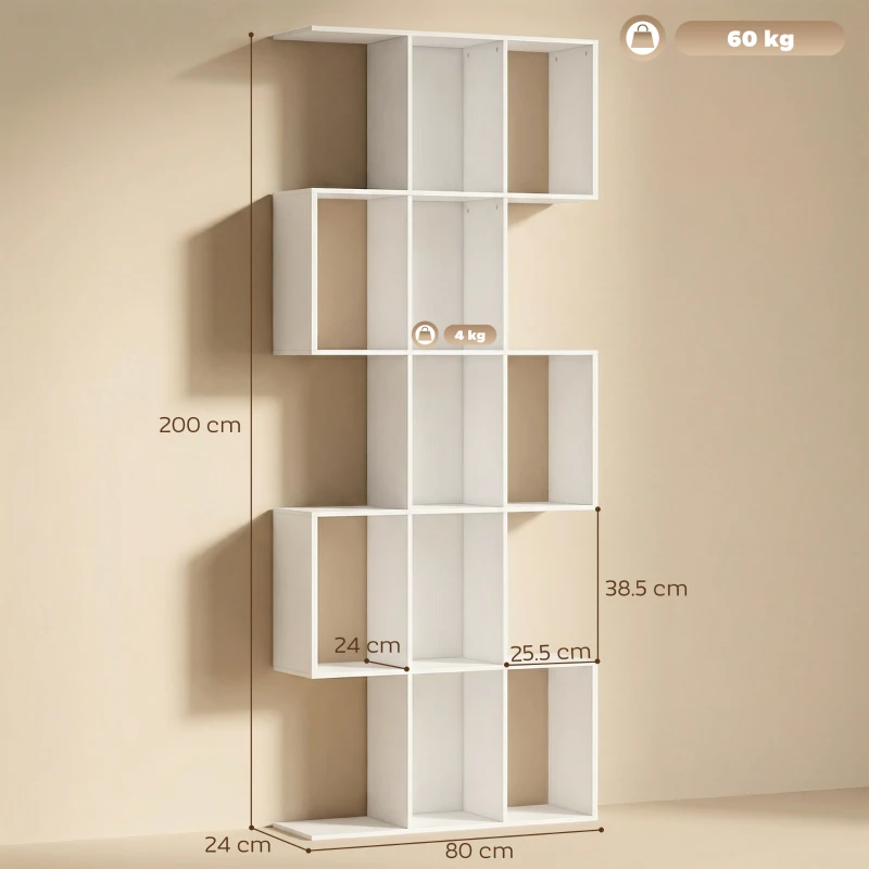 HOMCOM Bibliotecă în formă de S cu 5 niveluri pentru living dormitor studio birou 80x24x200 cm Alb