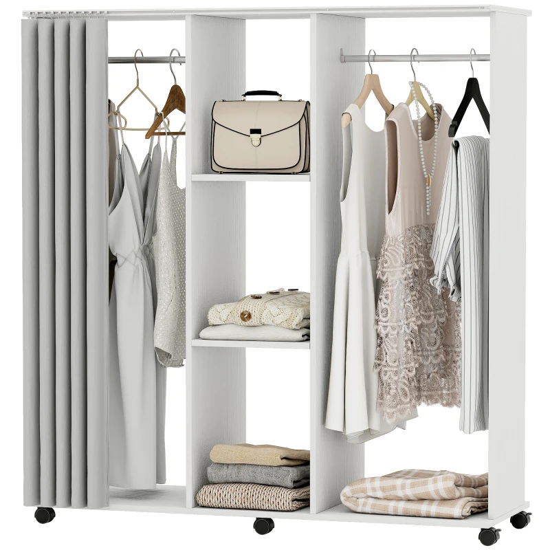 HOMCOM Armadio Appendiabiti Mobile Contenitore con 6 Ruote, in Legno, 120x40x128 cm, Bianco