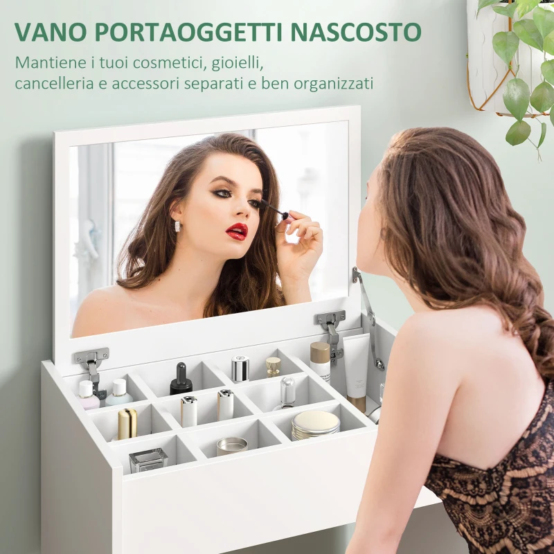 HOMCOM Postazione Trucco con Specchio Richiudibile, Toeletta Trucco Moderno, con Sgabello, Vano Contenitore a 10 Scomparti, MDF Bianco, 60.2 x 40.2 x 79cm