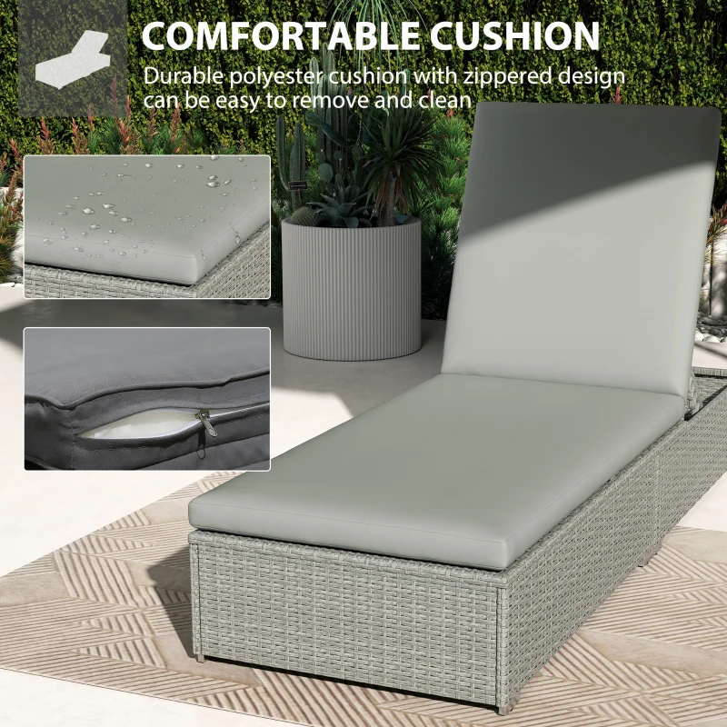 Outsunny Rattan Sun Lounger, Five-Position Reclining Garden Lounger Bed with Cushion, Light Grey