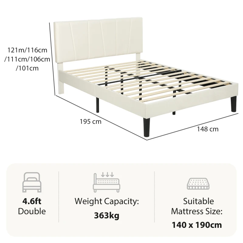 HOMCOM Telaio letto matrimoniale 140x190 cm con testiera regolabile e rete, crema