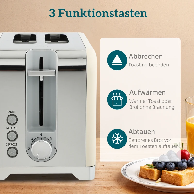 HOMCOM Wasserkocher- und Toaster-Set, 2200W, 7 Bräunungsstufen, versch. Funktionen, Creme