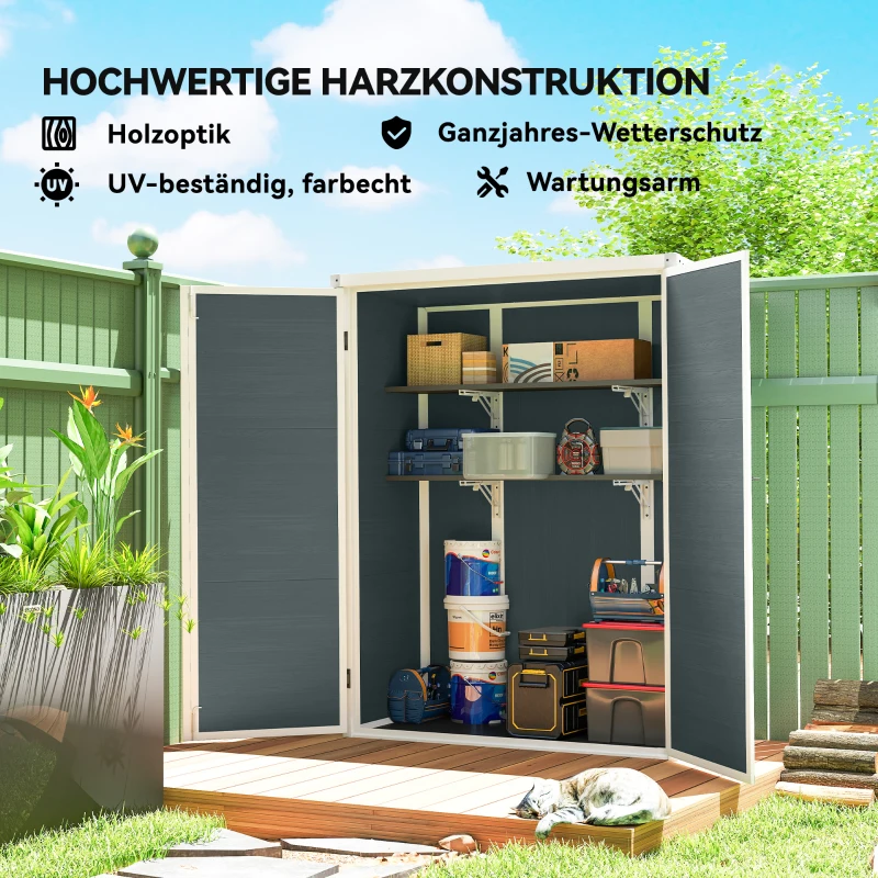 Outsunny Depozit pentru unelte 0,8m², șopron pentru unelte cu rafturi pliante, 134 x 68,5 x 170 cm, din plastic cu uși duble închise cu lacăt, placă pentru podea