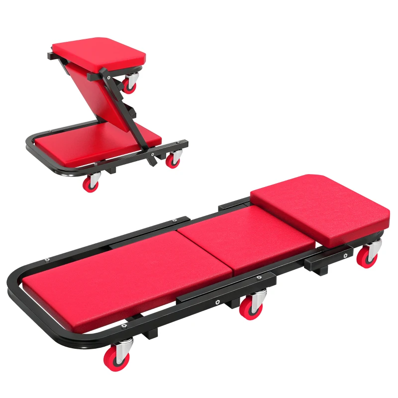 HOMCOM carrello 2 in 1 di ispezione meccanico pieghevole a Z, Tavola a rotelle per ispezione, 101,5x40x 3,5 cm, rosso