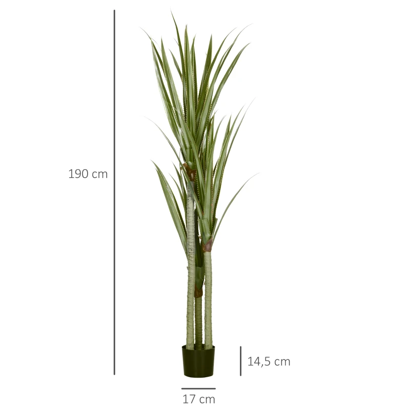HOMCOM Yucca artificiel grand 190 cm plante artificielle en plastique en pot, 17 x 17 x 190 cm Vert émeraude
