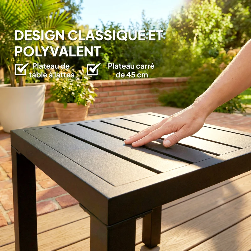 Outsunny Table de jardin carrée, table de terrasse, cadre en métal, intérieur et extérieur, pour balcon, porche, patio, noir