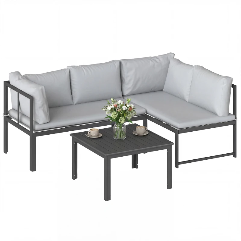 Outsunny 3-tlg. Gartengarnitur mit 4-sitzigem Ecksofa und Latten-Tisch, Metall und Polyester, Grau