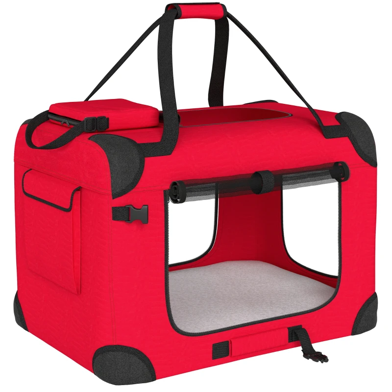 PawHut Transporteur pour Chiens Pliable 60x41,5x41 cm avec Fenêtres en Maille Coussin Doux et 2 Poignées pour Chiens Miniatures et Chats Rouge