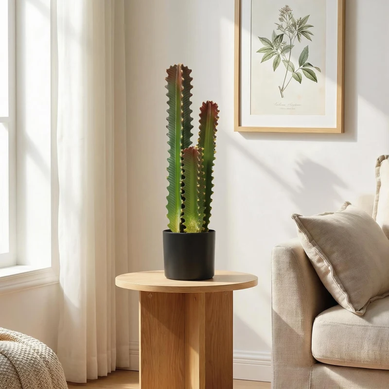 HOMCOM Cactus Artificial 66 cm Planta Artificial Decorativa con Maceta y 3 Hojas para Decoración del Interior Verde