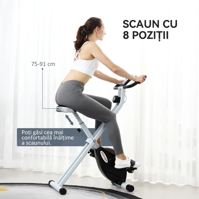 SPORTNOW Bicicletă fitness pliabilă magnetică, 8 niveluri, afișaj LCD, roți și șa reglabilă, negru(m-6)