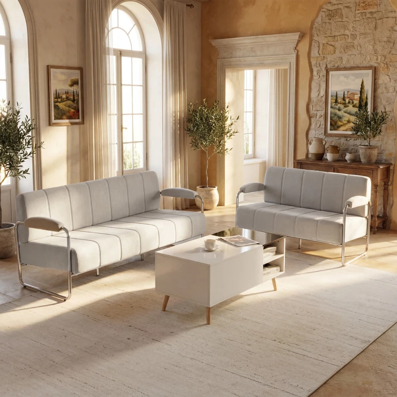 HOMCOM Canapé 2 places moderne revêtu en chenille beige, en acier, mousse et panneau multiplis, 120x73x76 cm