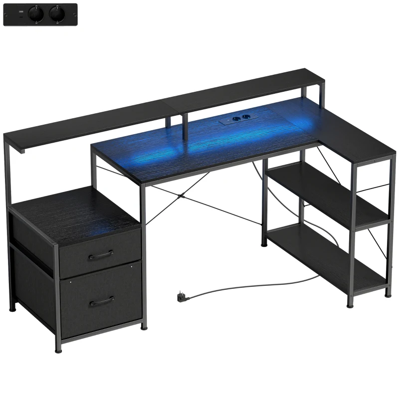 HOMCOM Bureau gaming en L avec LED et prises, avec support double écran, 165x80x91,5 cm, aspect bois noir
