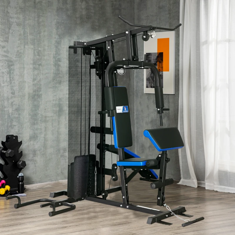 SPORTNOW Kraftstation mit 65-kg-Gewichtsstapel, Heim-Fitnessgerät mit Bauchbank, Noir et Bleu