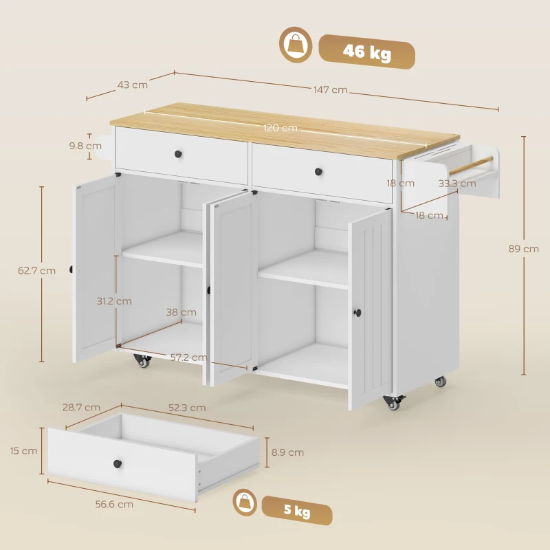 HOMCOM Isola cucina su ruote con 2 cassetti, 2 ante e portaspezie, Bianco