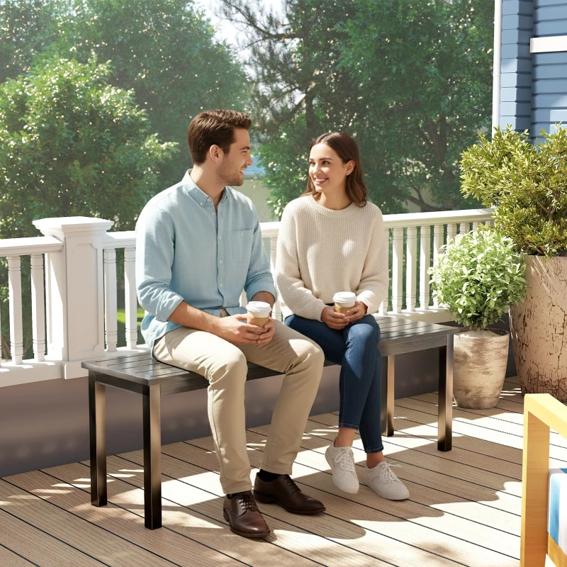 Outsunny Gartenbank 2‑Sitzer, Außenbank mit Sitzlatten in Holzoptik und Stahlrahmen für Terrasse, Park, Grau