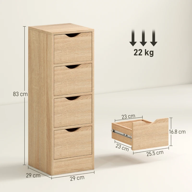 HOMCOM Mueble de Baño Ahorrador de Espacio con 4 Cajones y Tiradores Tallados Estilo Nórdico, 29x29x83 cm, Madera Natural