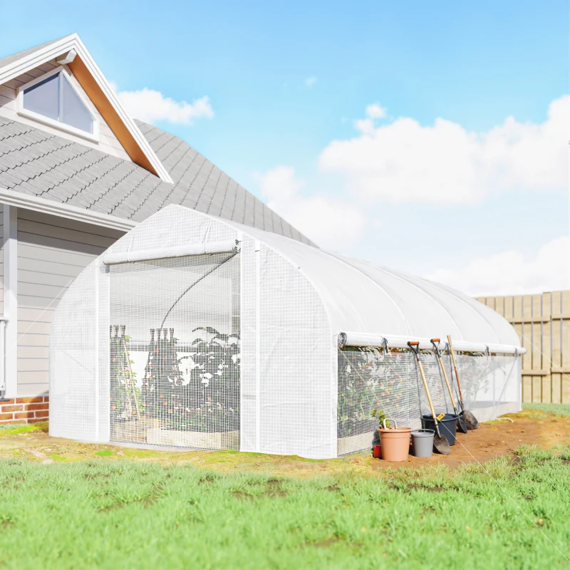 Outsunny Serre tunnel 6x3x2 m anti-UV avec porte enroulable zippée Parois latérales en filet Blanc