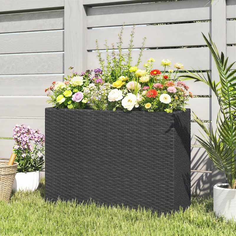 Outsunny Erhöhter Pflanzkasten aus geflochtenem PE-Rattan, Blumenständer mit abnehmbarem Einsatz und verstellbaren Füßen, Stahlrahmen, schwarz
