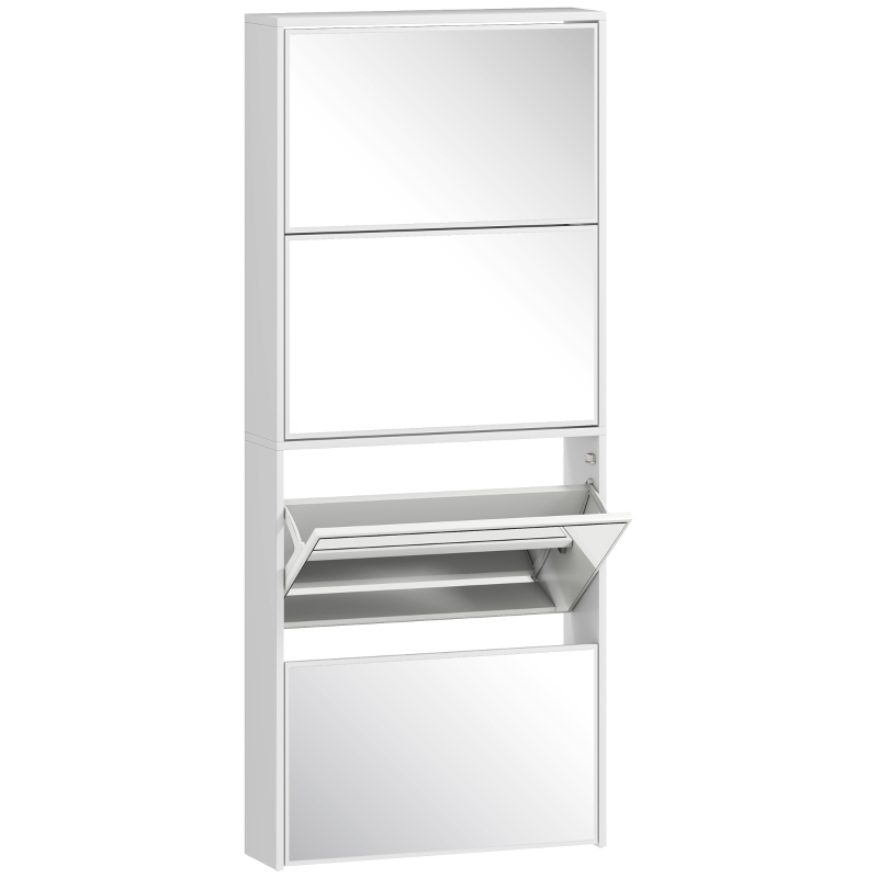 HOMCOM Meuble à chaussures étroit avec miroir et 4 portes basculantes pour 12 paires de chaussures 63x17x146 cm Blanc