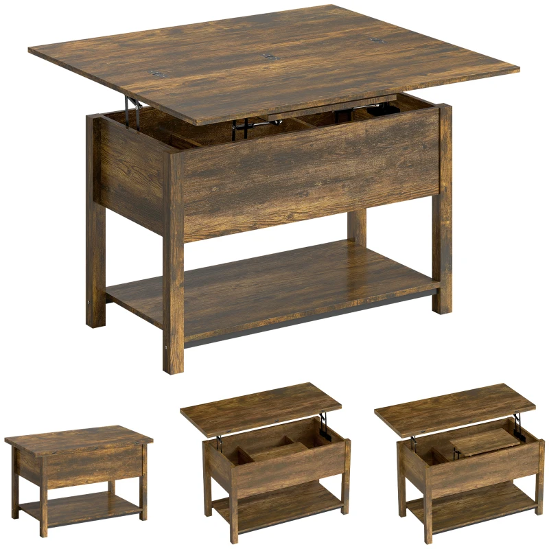 HOMCOM Tavolo da salotto sollevabile ed estensibile con scomparto nascosto e ripiano aperto, 100x45x50,5 cm, marrone rustico