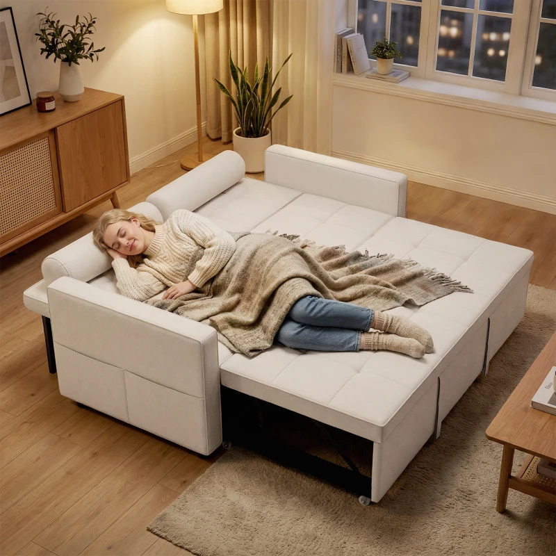 HOMCOM 2‑Sitzer Schlafsofa 3‑in‑1 Schlafcouch mit ausziehbarem Doppelbett verstellbare Rückenlehne 2 Kissen 80,5x137,5x84cm beige