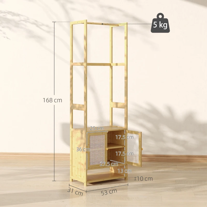 HOMCOM Appendiabiti in bambù con scarpiera e barra appendiabiti, 53x31x168 cm, Legno naturale