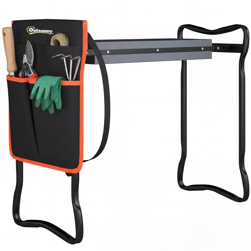 Outsunny Klappbarer Gartenhocker mit EVA-Polster Gartensitz mit Werkzeugtasche am Gürtel Tragfähigkeit 150kg
