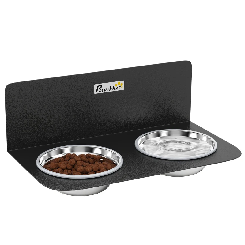 PawHut Gamelle murale réglable en hauteur avec 2 x 800ml bols en acier inoxydable 42 x 23,5 x 14 cm Noir