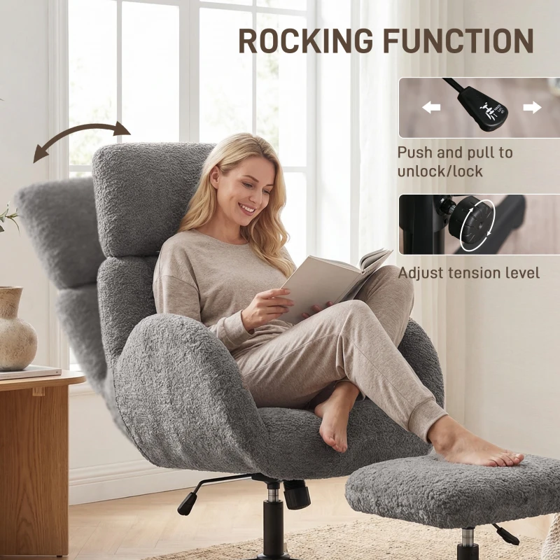 HOMCOM Fauteuil pivotant avec repose-pieds, fauteuil d'appoint réglable en hauteur avec appuie-tête ajustable, fonction basculante, Gris