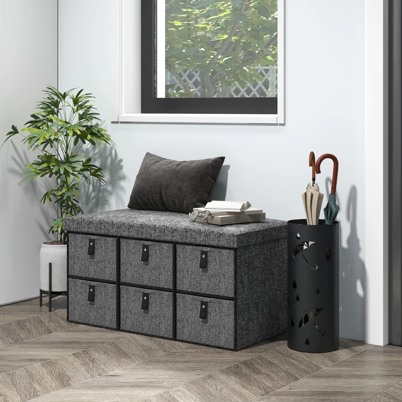 HOMCOM Panca Porta-Scarpe Imbottita con 6 Vani per Scarpe, Telaio in MDF, Effetto Lino, Grigio