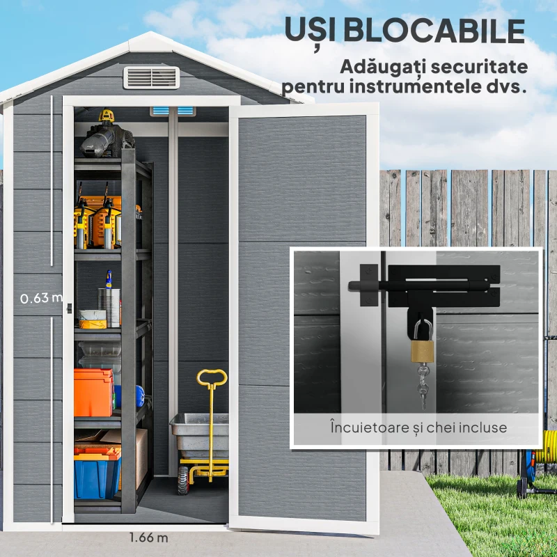 Outsunny Magazie de Grădină din Rășină cu Podea, Ușă Blocabilă și Fereastră, 1,3 x 1,8 m, Gri(m-6)