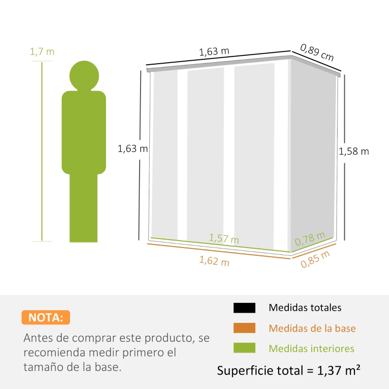 Outsunny Abri de jardin extérieur métallique 1,37 m² 163x89x163 cm avec toit incliné, portes à loquet et gants Marron