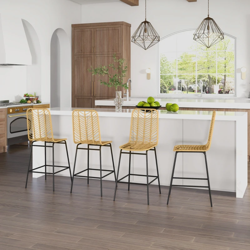 HOMCOM Set mit 4 Barhockern, Barhocker, Rückenlehne mit Geflecht und Fußstütze, Stahlgestell, 42,5x52x102cm, Gelb