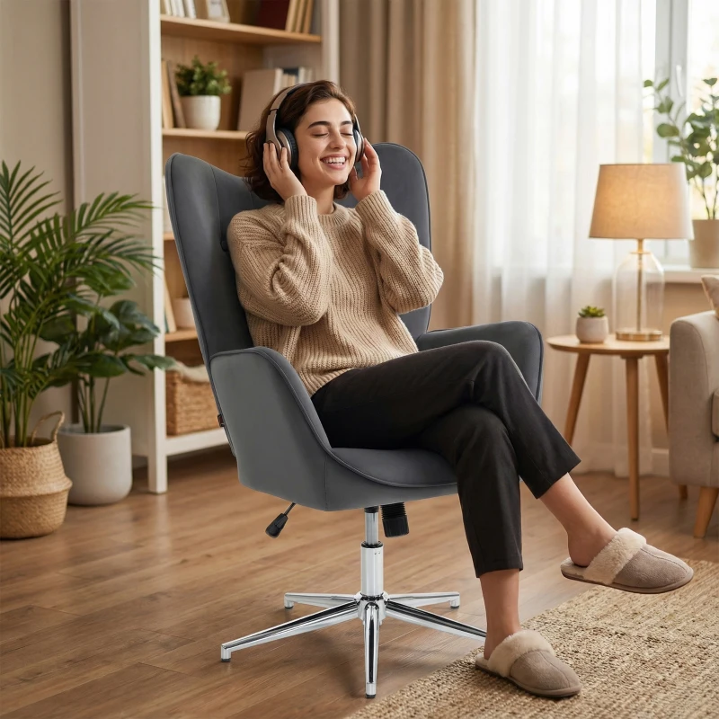 HOMCOM Fauteuil de Salon Pivotant avec Accoudoirs en Velours, avec Bascule et Hauteur Réglable, Gris Foncé