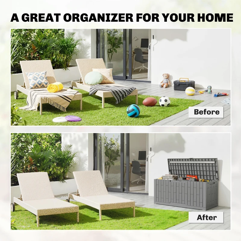 Outsunny Tuinbox 379 Liter Waterdicht Afsluitbaar UV-bestendig Opbergbox met Houtlook voor Tuin 122,5x56x62cm Grijs