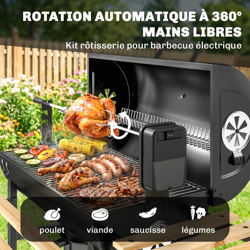 Outsunny Holzkohle-Grillwagen mit klappbaren Ablagen, Thermometer, Rollen, elektrischem Drehspieß, schwarz